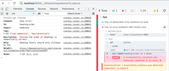Screenshot showing cypress-axe error output from a cypress test run