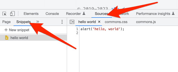 Showing the snippet feature in Chromes inspector